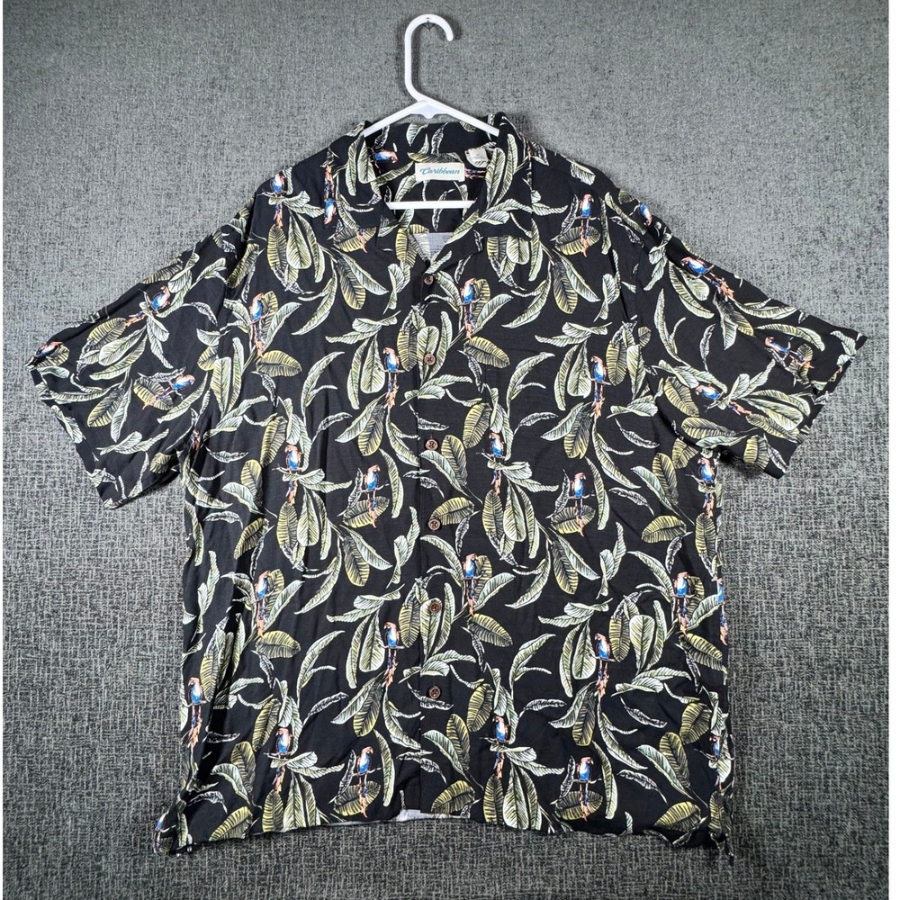 Caribbean Mens XL Tropical Bird Palm Leaf Print Button Down‎ Camp Shirt Black